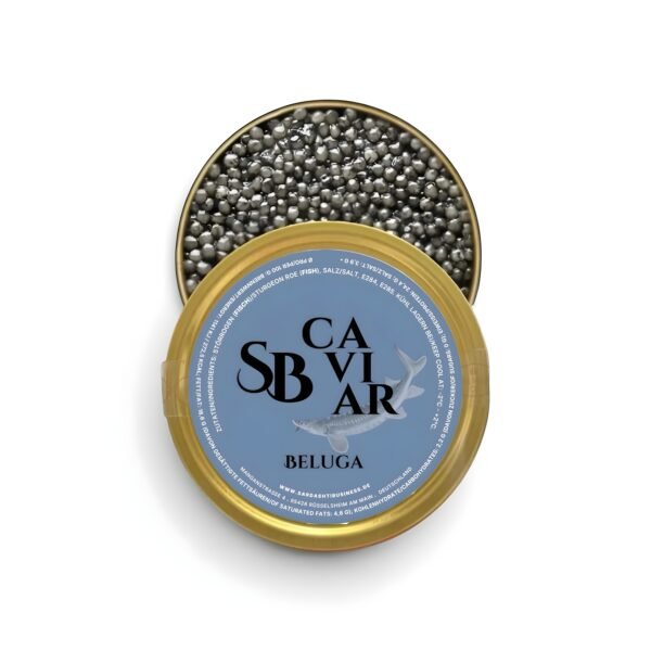 Open Beluga caviar tin showing large dark grey pearls