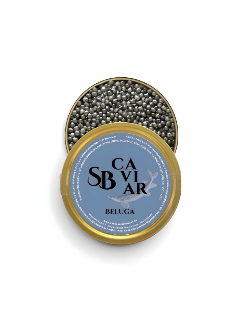 Open Beluga caviar tin showing large dark grey pearls