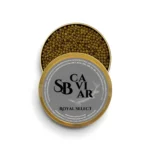 Open Royal Select caviar tin showing dark glossy pearls