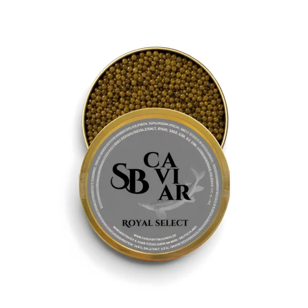 Open Royal Select caviar tin showing dark glossy pearls
