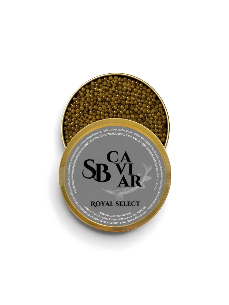 Open Royal Select caviar tin showing dark glossy pearls