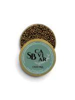 Open Osietra caviar tin showing dark caviar pearls