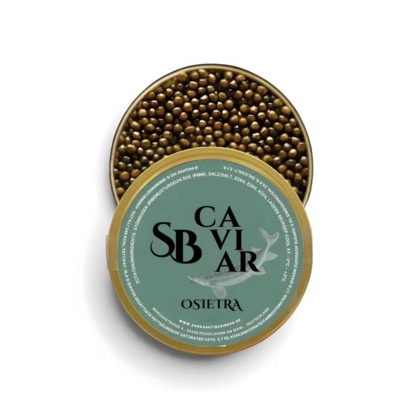 Open Osietra caviar tin showing dark caviar pearls