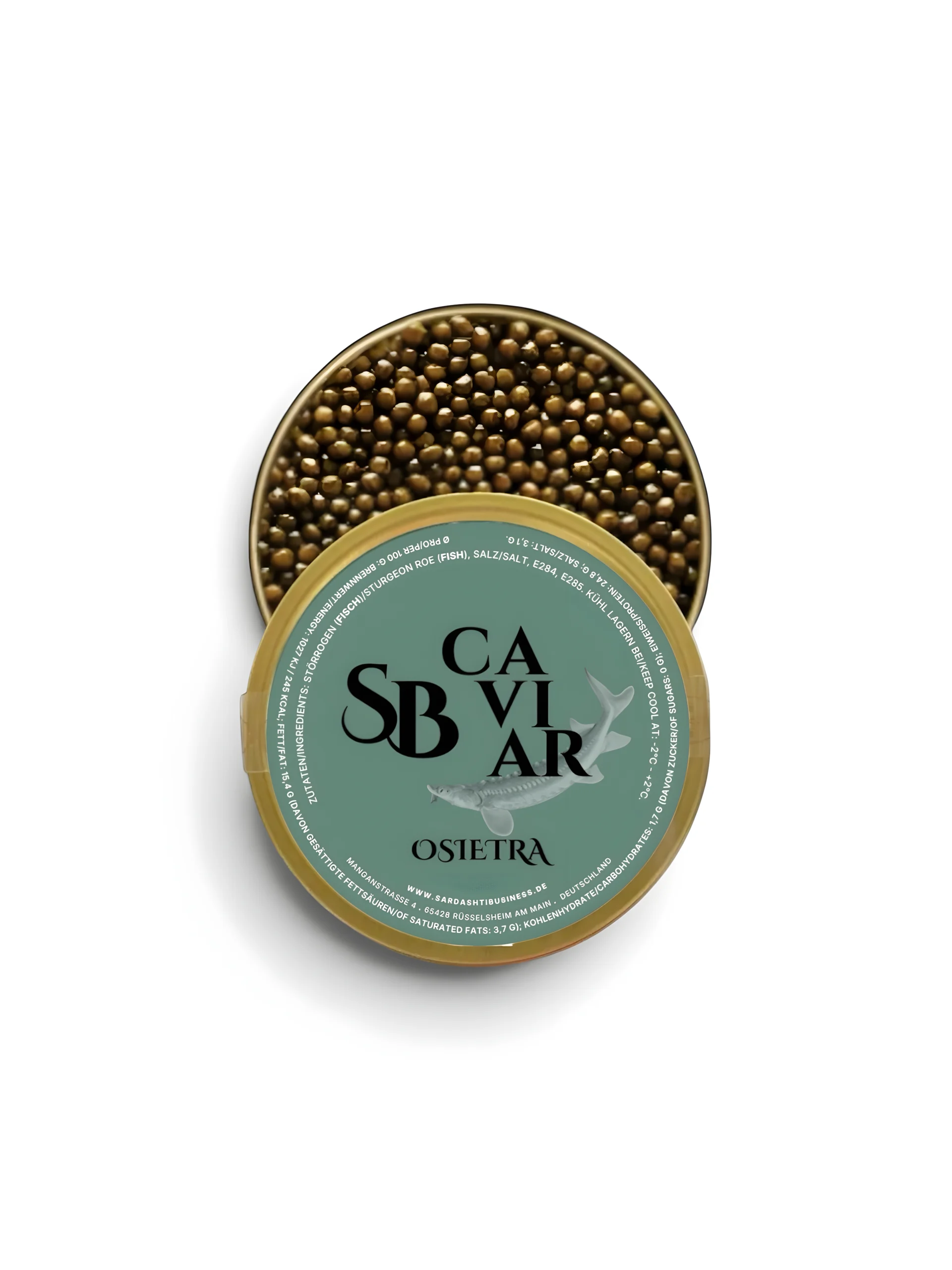 Close-up of Osietra Caviar Pearls Open Osietra caviar tin showing dark caviar pearls