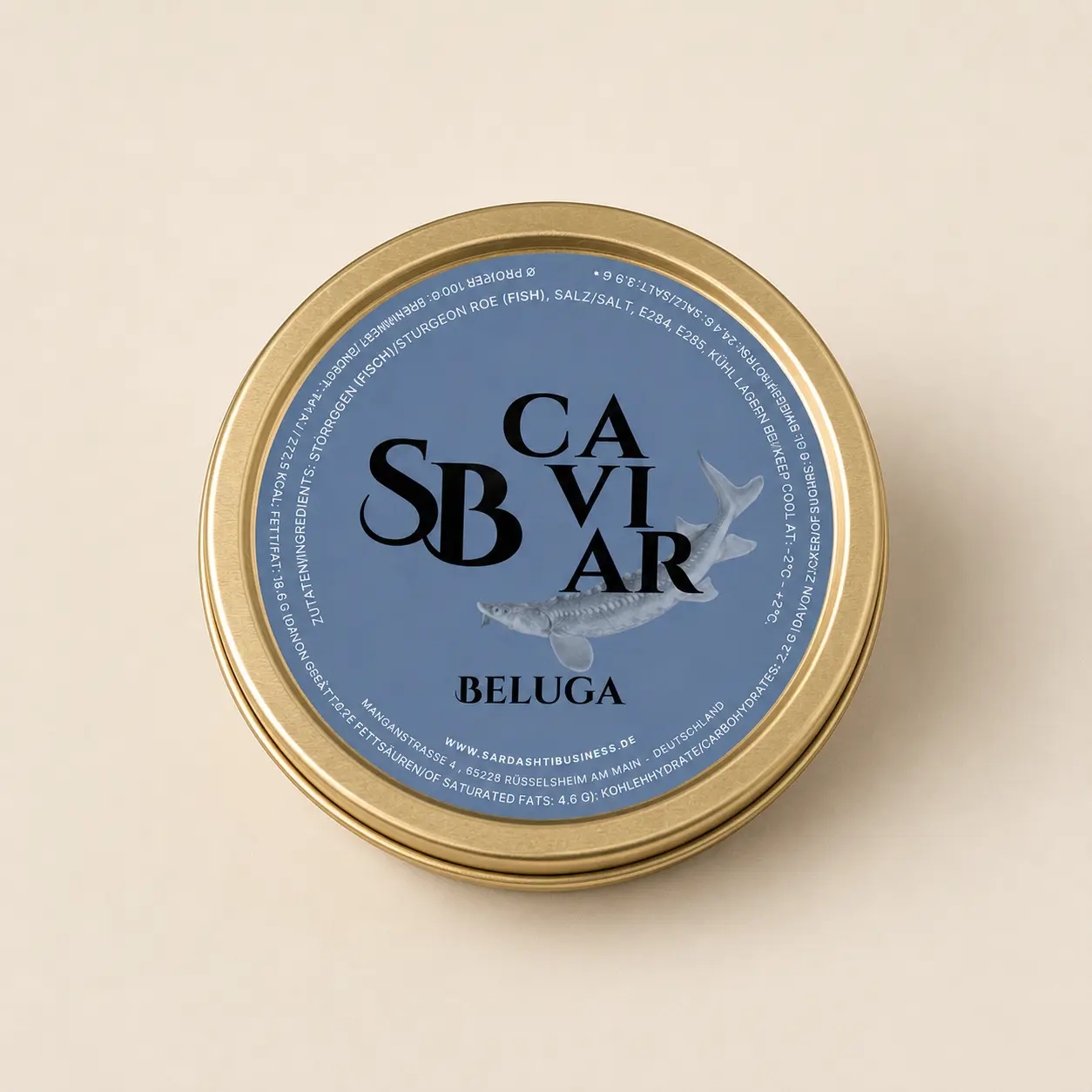 Beluga Caviar Tin Closed Beluga caviar tin with Sardashti Business label