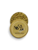Imperial Gold caviar tin showing golden amber pearls