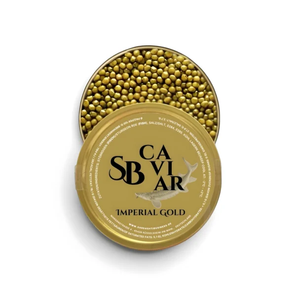Imperial Gold caviar tin showing golden amber pearls