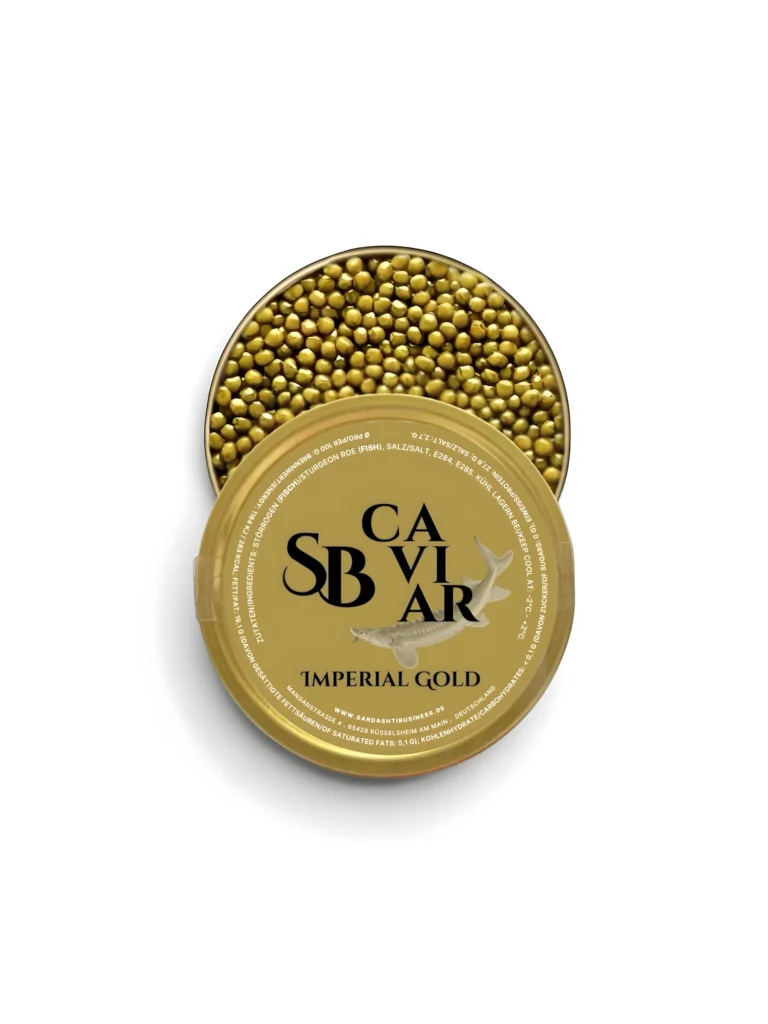 Imperial Gold caviar tin showing golden amber pearls