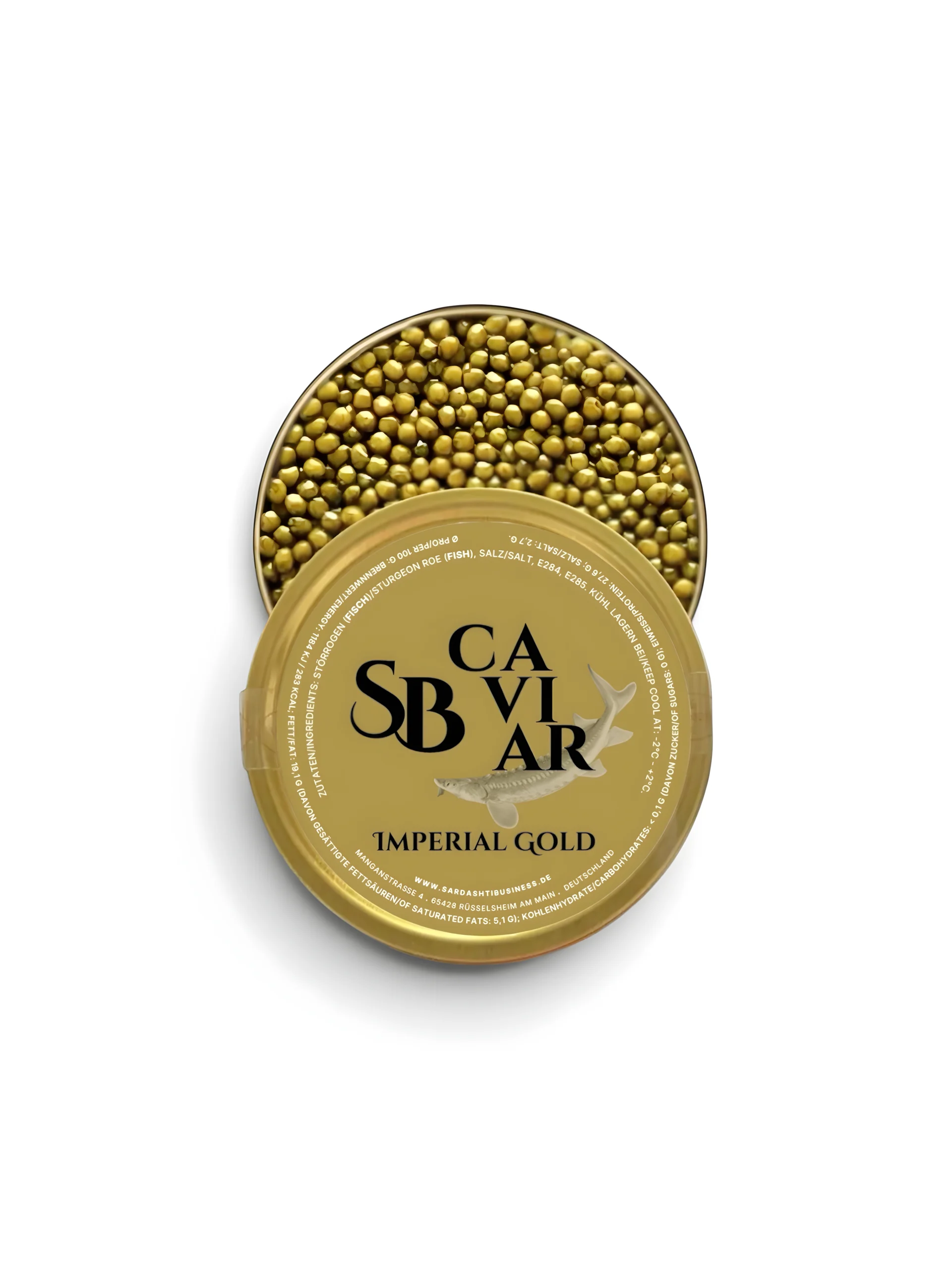 Imperial Gold caviar tin showing golden amber pearls