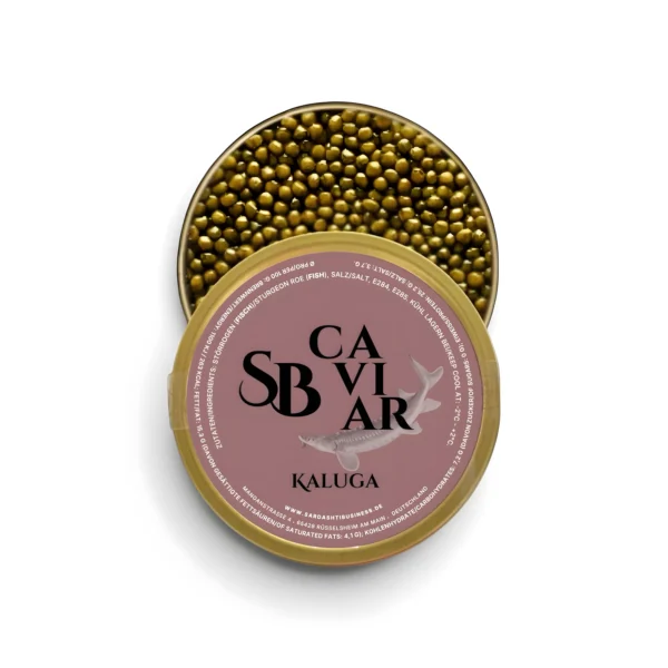 Kaluga caviar tin showing dark grey pearls beside the Sardashti Business lid
