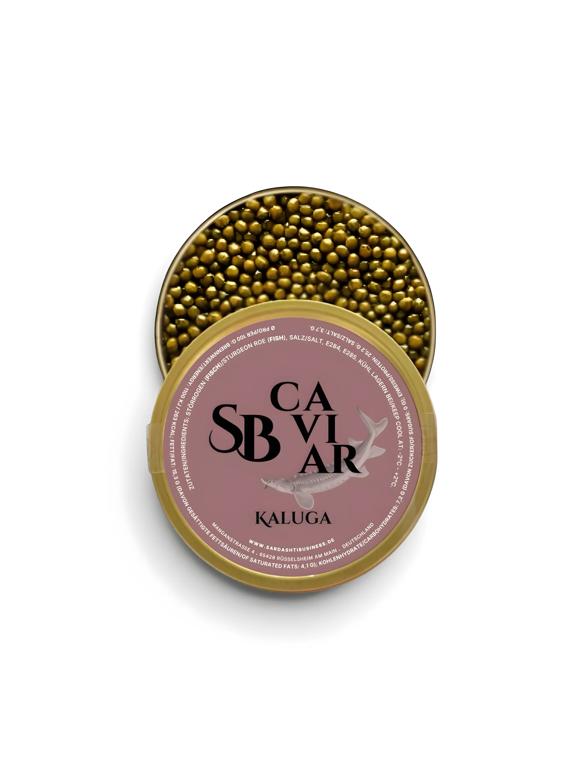 Kaluga caviar tin showing dark grey pearls beside the Sardashti Business lid