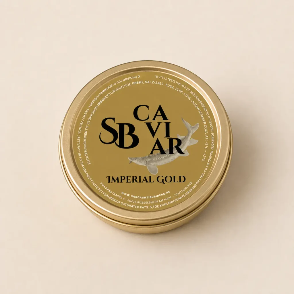 Imperial Gold Kaviar Dose mit Etikett von Sardashti Business