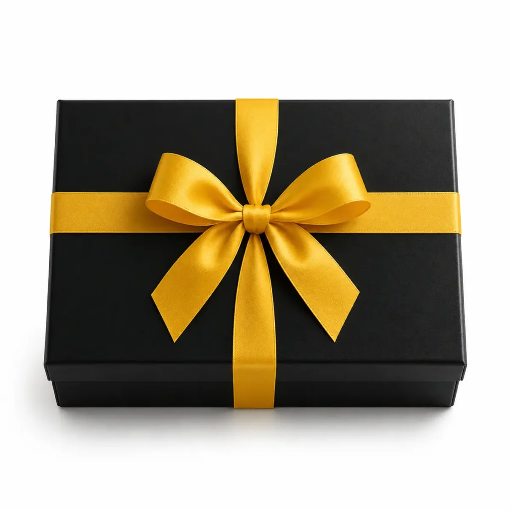 Luxuriöse schwarze Geschenkbox mit goldener Schleife