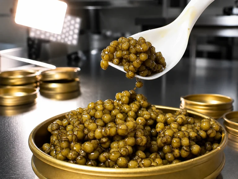 Quality inspection of premium sturgeon caviar during the selection process at Sardashti Business.