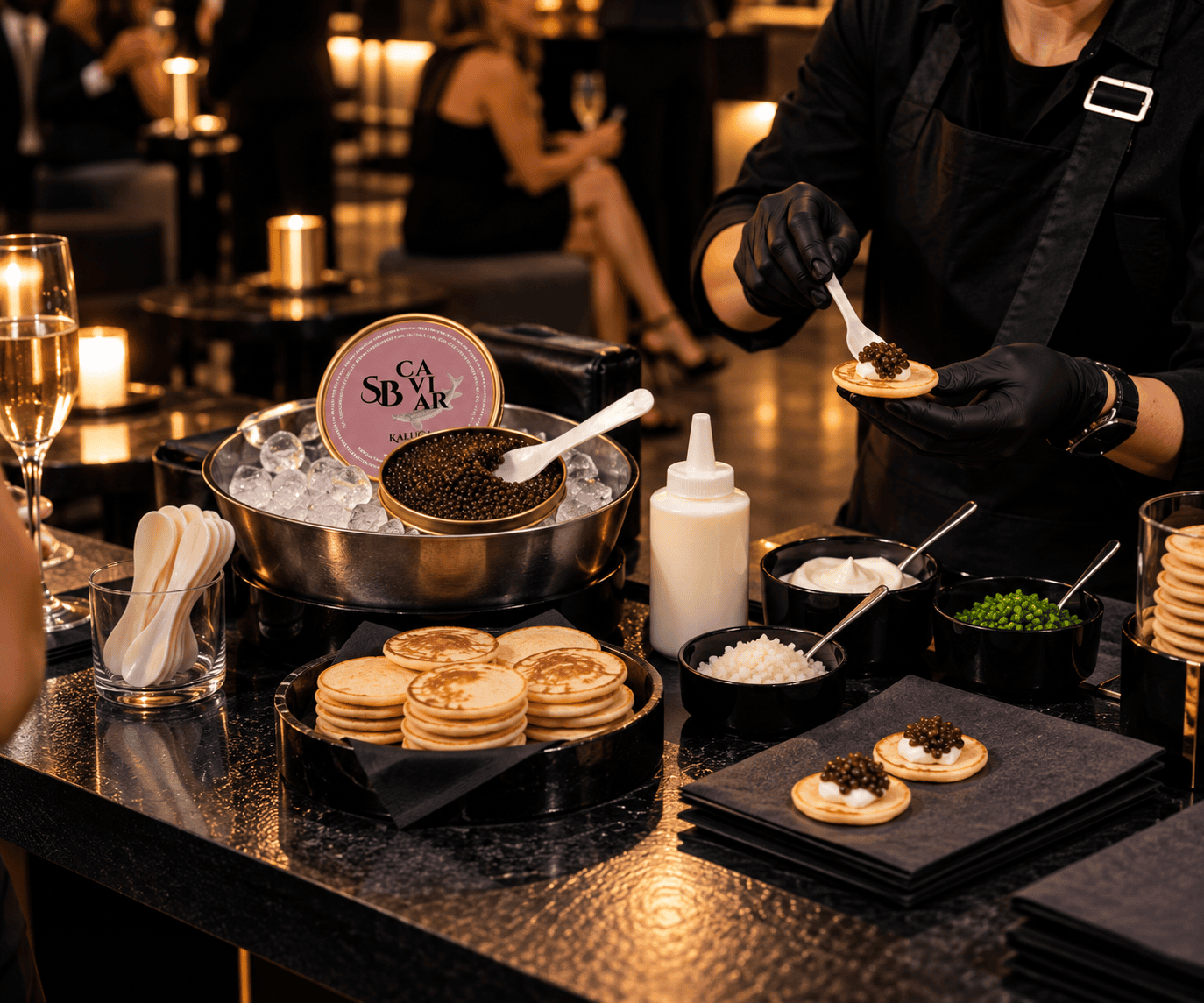 Kaviar Corner mit SB Kaviar, Blinis und frischer Zubereitung durch den Service