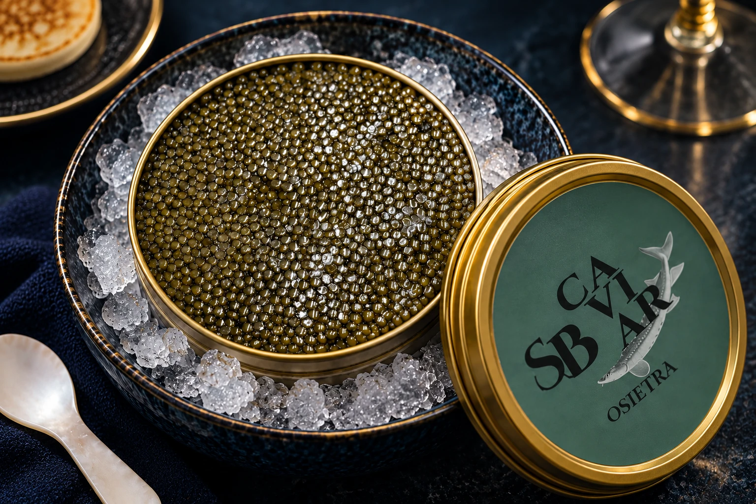 Geöffnete Dose mit Osietra-Kaviar auf Eis – Sardashti Business